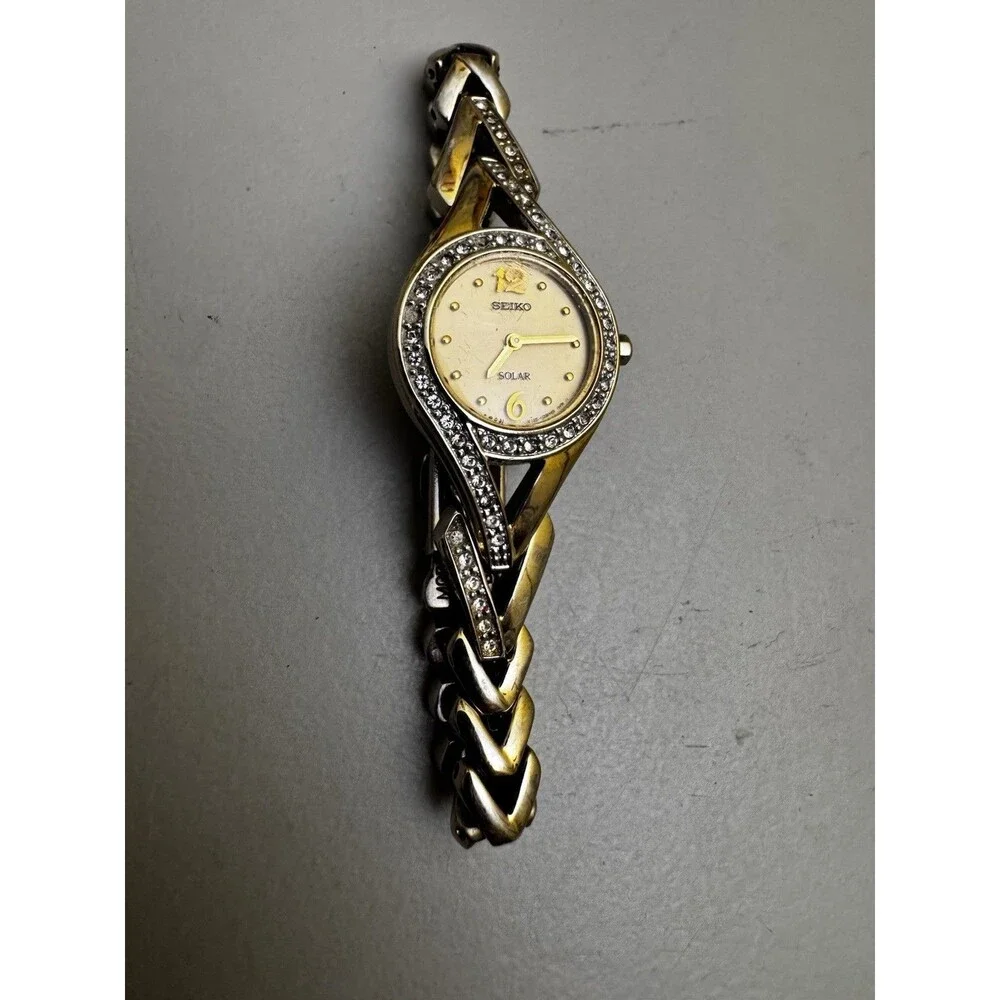 Seiko Solar Womens Watch Gold Tone Crystal Bracelet V115-0AP0 6.75
